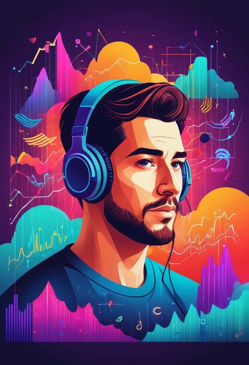 A split-screen image showcasing a thriving content creator on one side, surrounded by various audio equipment like microphones and headphones, and on the other side, a digital platform displaying graphs of monetization success. Include elements like sound waves and dollar signs to symbolize audio content exchange. Bright, engaging colors that convey optimism and opportunity. vector art. vibrant colors.