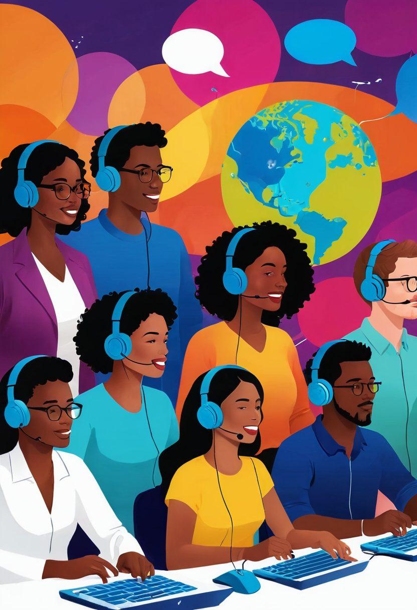 A vibrant illustration of diverse people engaged in lively podcast discussions, with headphones on, sharing ideas in a bright, modern workspace. Bright speech bubbles show snippets of engaging topics, while sound waves emanate from microphones, symbolizing the power of sharing. The background includes a dynamic world map highlighting global connections. super-realistic. vibrant colors. engaging composition.