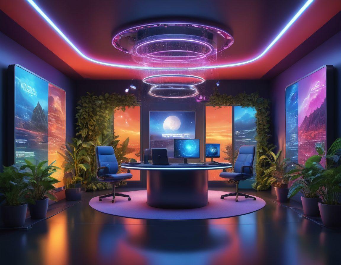 A futuristic podcast studio with vibrant sound waves visible, showcasing diverse podcasters engaging with their audience through various platforms. Elements of digital sharing, like podcast icons, cloud storage, and network connections, should be prominent. Include visual metaphors for growth, such as plants or rockets, symbolizing increased reach and engagement. The background should be bright and engaging, reflecting a dynamic digital marketplace. super-realistic. vibrant colors. 3D.